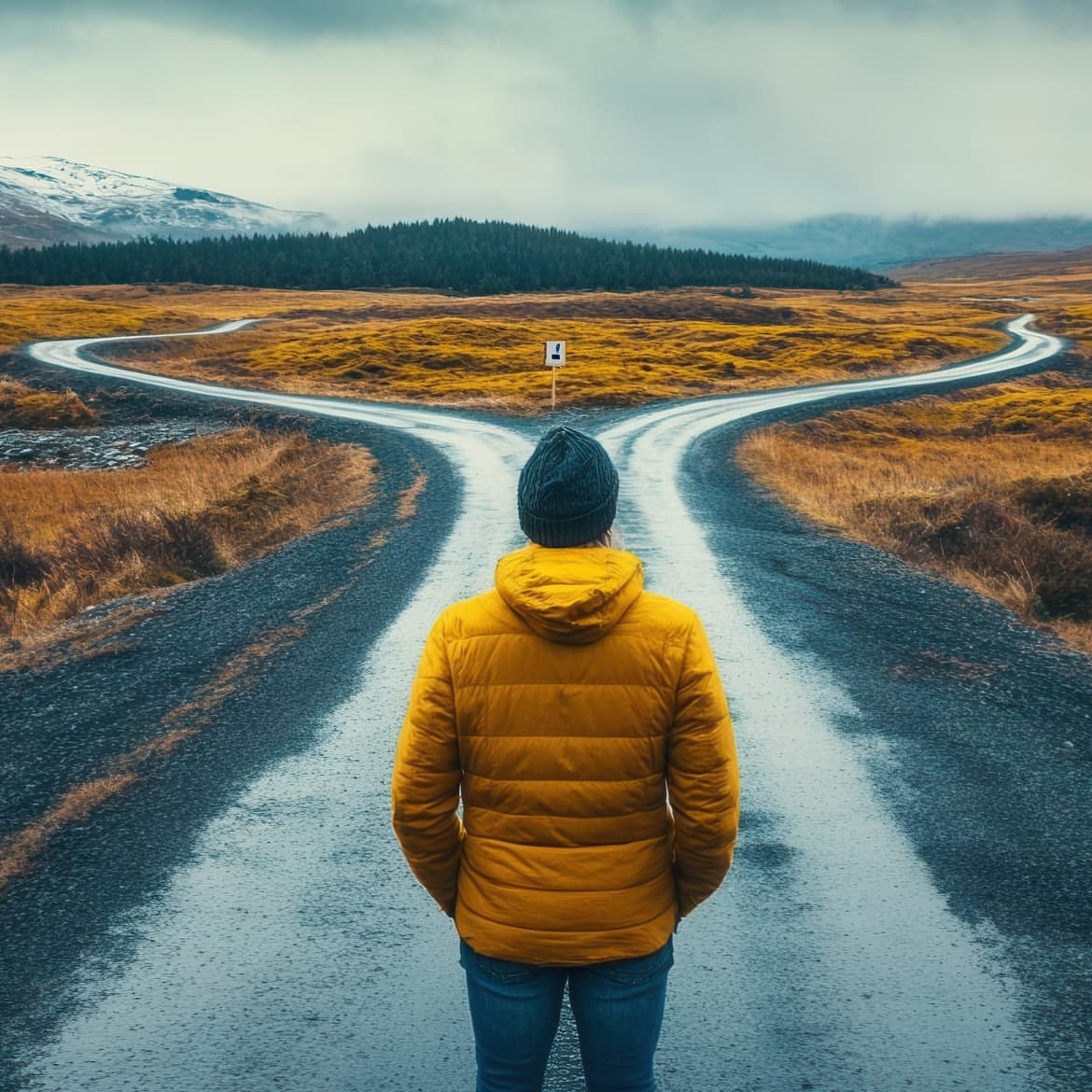 Personne debout face à un croisement en pleine nature, portant une veste jaune, observant deux routes qui se séparent – symbole de choix, d’hésitation ou de transition intérieure.